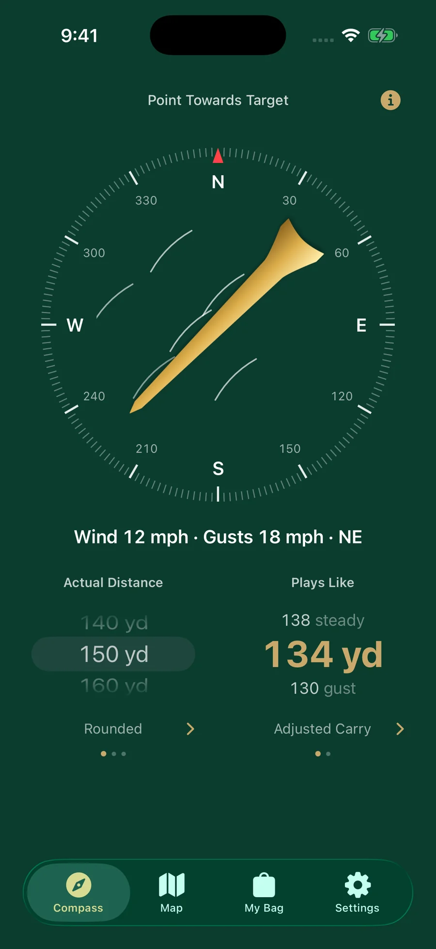 Windbreaker Compass showing a gold tee pointing downwind, wind and gust speeds, and adjusted carry.