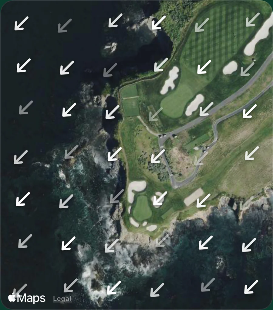 A real Windbreaker satellite map capture of Pebble Beach hole 7, with downwind arrows and Apple Maps attribution.